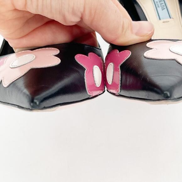 Prada Black Orchidea Nappa Leather Flower Fiori 85mm Pointed Toe Pump IT 38.5 - Picture 8 of 14